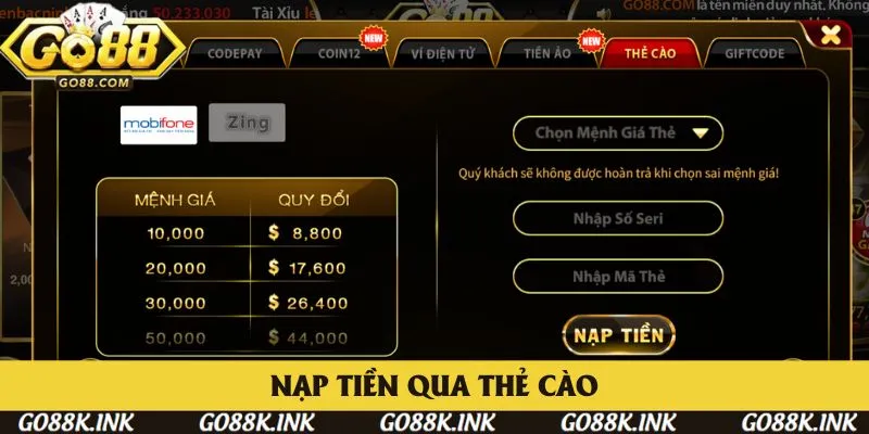 Giao dịch nạp tiền Go88 thông qua thẻ cào Giao dịch nạp tiền Go88 thông qua thẻ cào